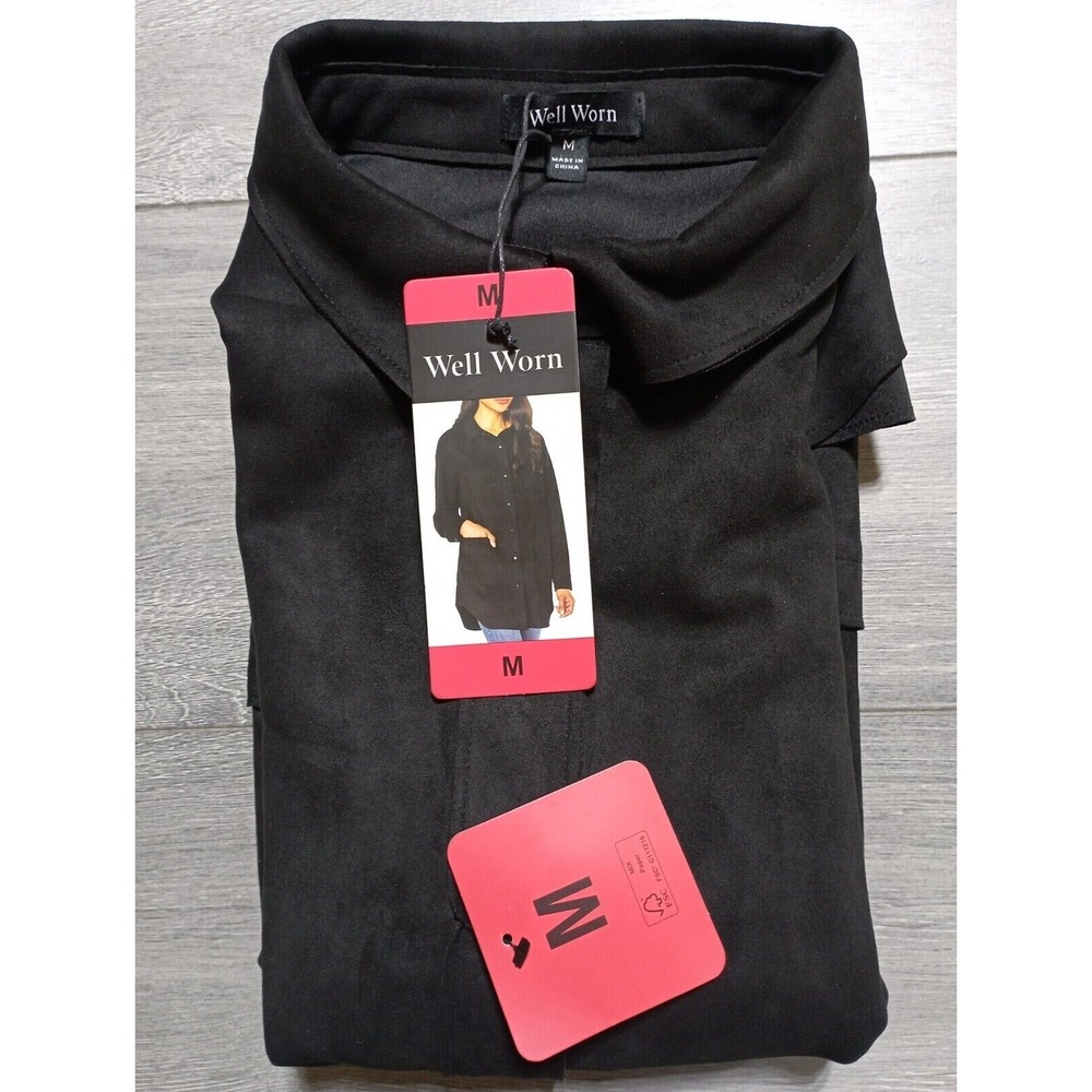 Well Worn Shacket Adult Medium Black Faux Suede Shirt Snap Buttons Womens